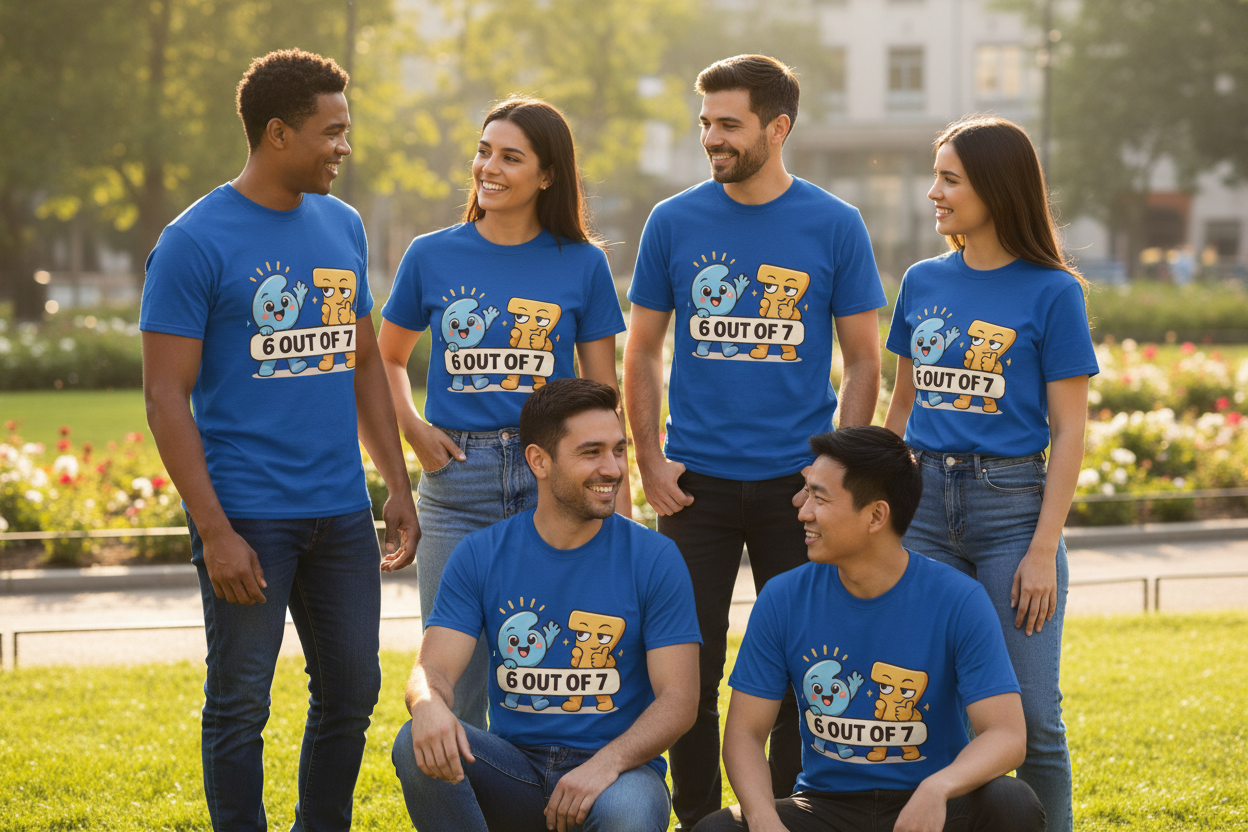 Diverse adults wearing Meet 6 & 7 royal blue shirts