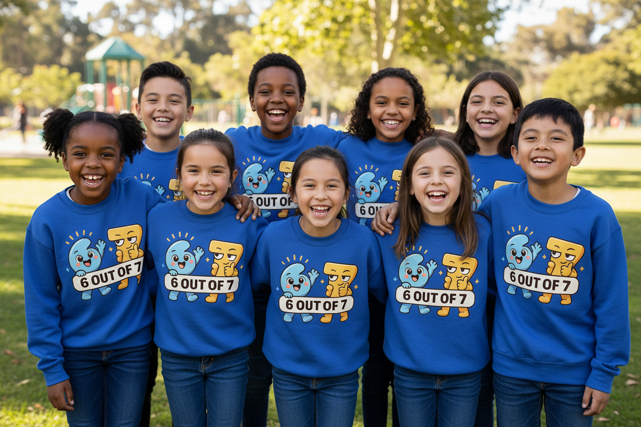 Diverse kids in royal blue sweatshirts with prominent logo