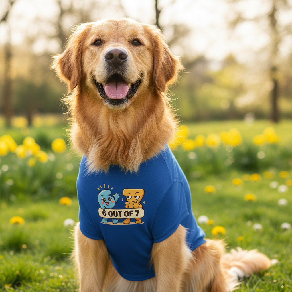 Dog wearing Meet 6 & 7 royal blue shirt