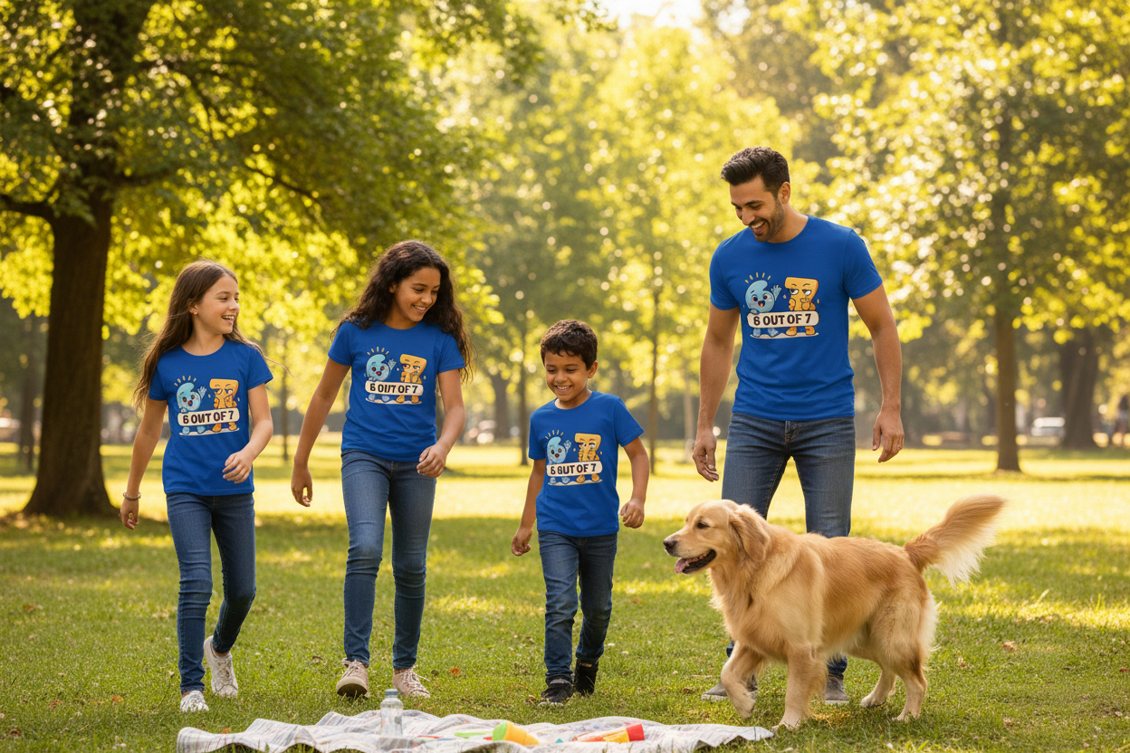 Family with kids and dog wearing matching Meet 6 & 7 shirts