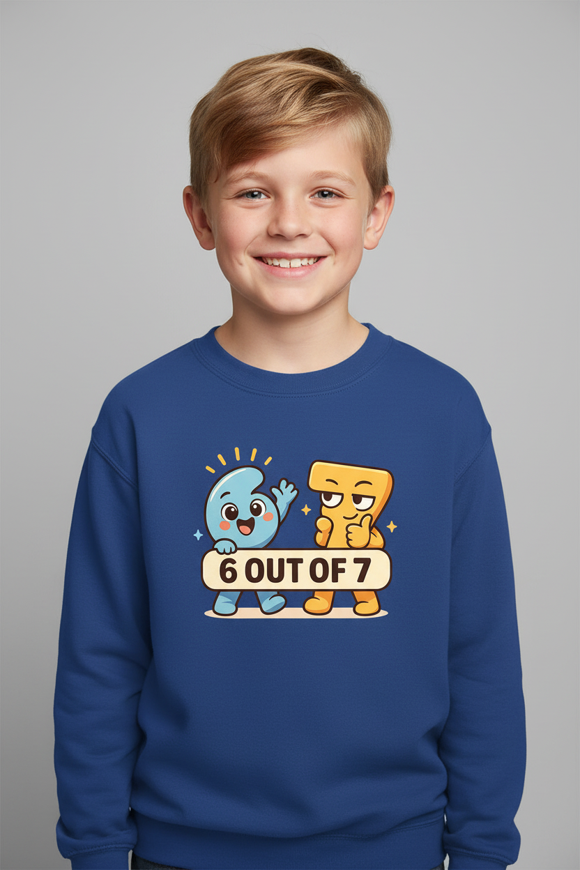 White boy in royal blue sweatshirt with logo